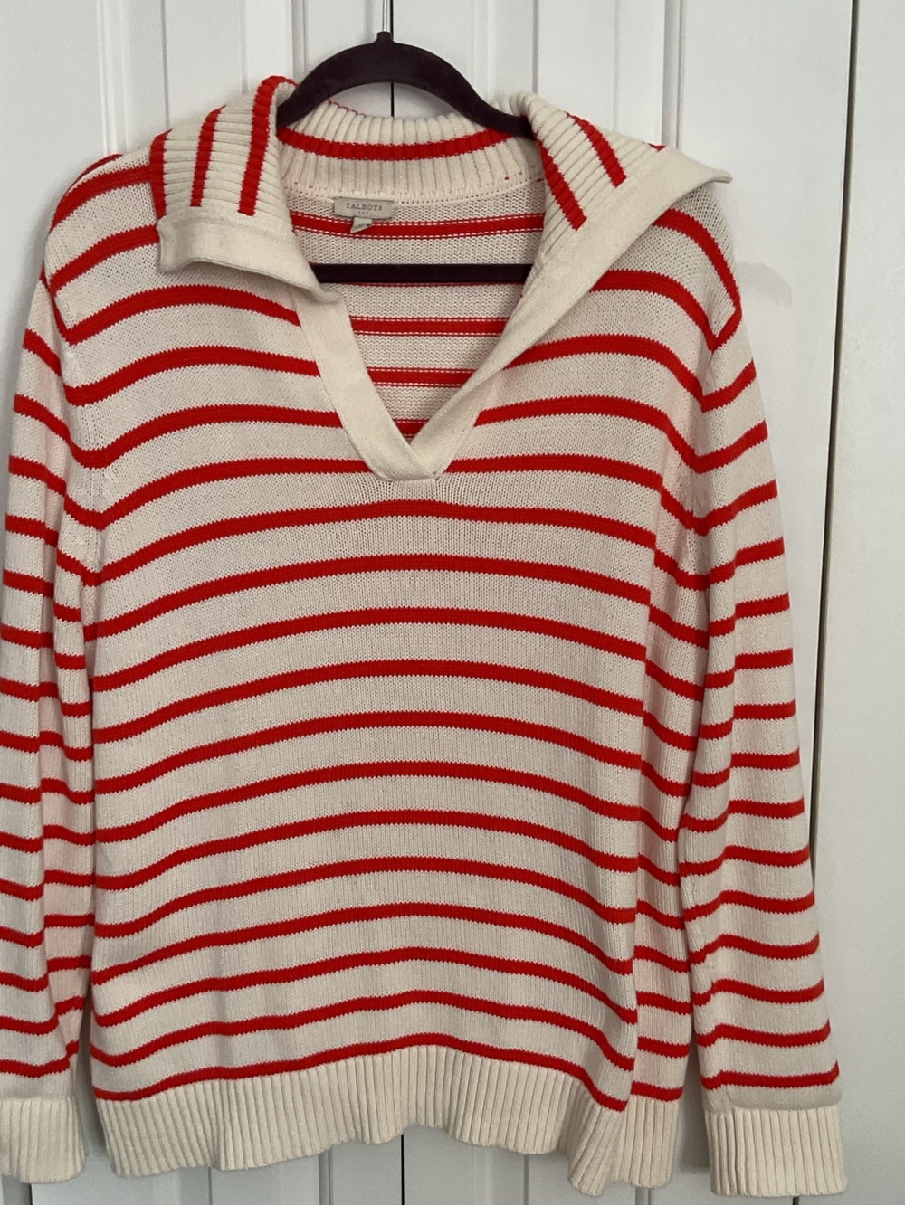 Talbots Cream and Orange 🍊 Striped V-Neck Fold-Over Collar Sweater